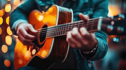 Obraz premium Acoustic guitar player strumming with focus, surrounded by soft, warm lights, creating a relaxing mood.