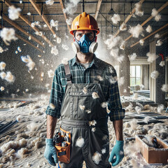 Professional construction worker wearing a high-grade dust mask, surrounded by lot of floating particles of glass wool dust in a construction site