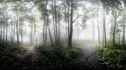 Obraz premium forest in mist with two paths for decision and exploration