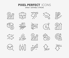 Line icons about stock markets. Contains such icons as high frequency trading, volatility, technical analysis and more. Editable vector stroke 64x64 pixel perfect