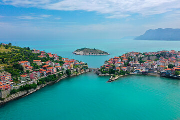 Fototapeta premium Beautiful cityscape on the mountains over Black-sea, Amasra. Amasra traditional Turkish architecture