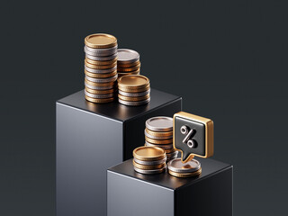 Wealth money finance percentage coin 3d business investment background. Discount percent cash currency gold financial banking market profit economy icon rise price interest rate special promotion sale