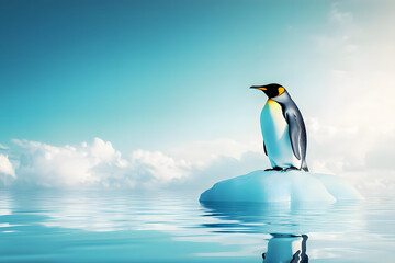 Fototapeta premium Two majestic emperor penguins stand proudly on the Antarctic ice, a testament to the resilience of wildlife in this harsh, frozen landscape