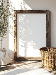 Farmhouse inspired Rustic Wood Frame Mockup in Bright Airy Living Room Interior with Woven Basket Accent  Cozy and inviting countryside home decor with natural textures and a minimalist