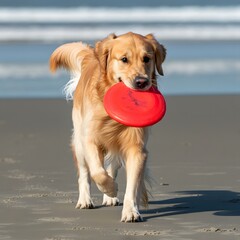 A Golden Retriever dog playing fetch with a frisbee on a sunny beach
