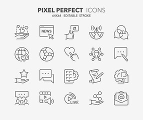 Line icons social media. Contains such icons as network, internet, digital marketing and more. Editable vector stroke. 64x64 pixel perfect