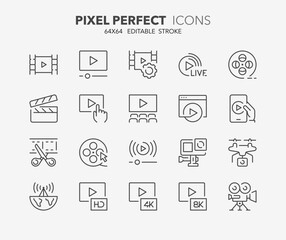 Line icons about video. Contains such icons as broadcast, live, production and more. Editable vector stroke 1 of 2 sets 64x64 pixel perfect