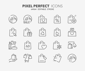 Line icons set about shopping bags. Contains such icons as sale, eco, click and collect, grocery and more. Editable vector stroke 64x64 pixel perfect
