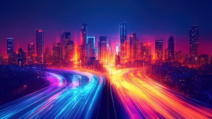 Fototapeta premium Illustrate an imaginative cityscape with lively, morphing hues intertwined with the architecture, rendered in a modern, graphic art technique for a futuristic touch