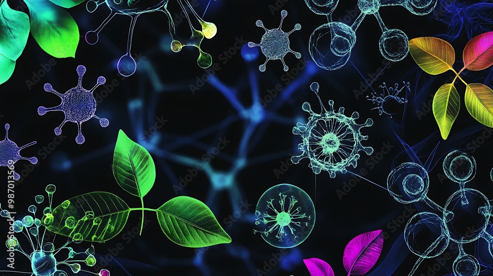 Poster abstract background with colorful virus, leaves and neurons.