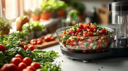 A high-quality food processor placed on a clean white countertop, with freshly chopped vegetables in the bowl and natural light streaming through the kitchen window, highlighting efficiency and