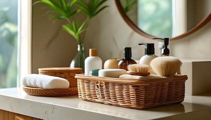 Welcoming bathroom scene featuring a neatly arranged wicker basket of toiletries and guest essentials on a pristine countertop