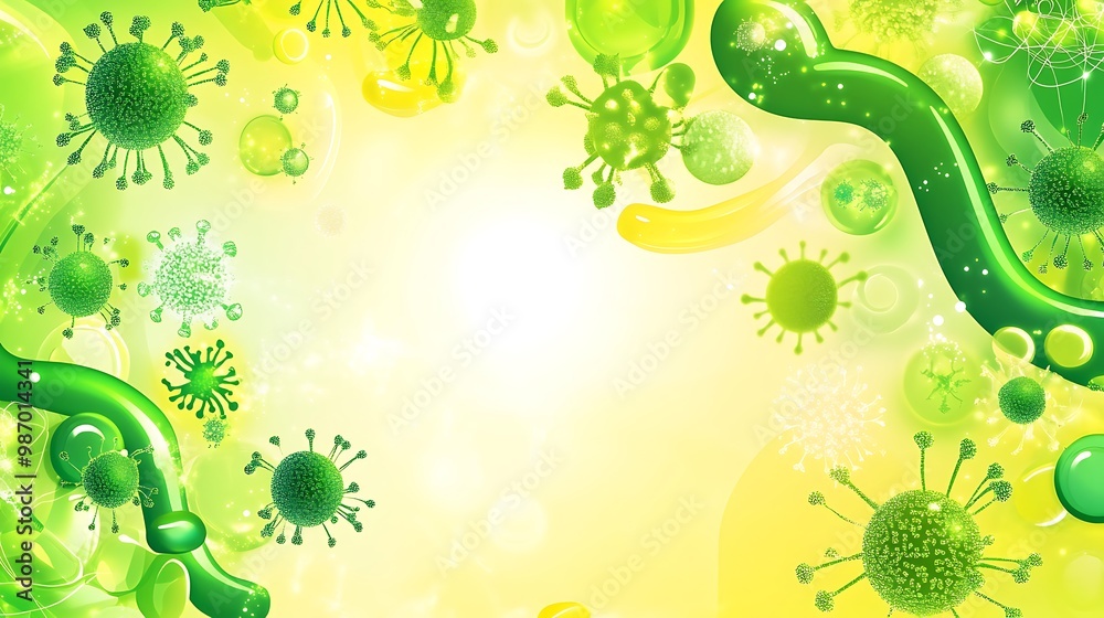 Poster abstract background with green viruses and bacteria on a yellow and white background.