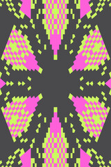 Abstract Christmas pixel retro 8bit geometric snowflake video game background. Neon pink green cyber punk, psychedelic 80s, 90s, 2000s neon texture, retro Xmas holiday banner, screen, poster design