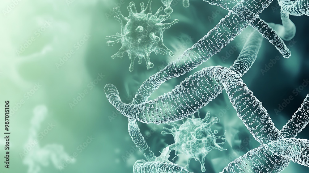 Poster abstract image of dna strands and virus particles on a green background.