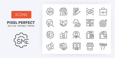 SME concept, small and medium sized enterprises. Outline symbol collection. Editable vector stroke. 256x256 Pixel Perfect scalable to 128px, 64px...