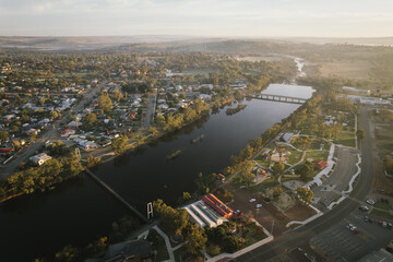 Aerial sunrise over Avon River and town of Northam in Western Australia