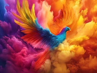 Obraz premium A multicolored phoenix rising from a sea of vibrant colors, symbolizing rebirth and the power of creative imagination