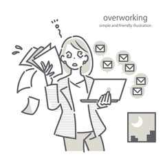 ストレスを抱えながら残業をするビジネスパーソン　シンプルでお洒落な線画イラスト