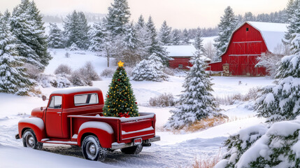 A vintage red truck carries a Christmas tree through a snowy landscape featuring evergreen trees and a red barn, creating a festive winter scene.