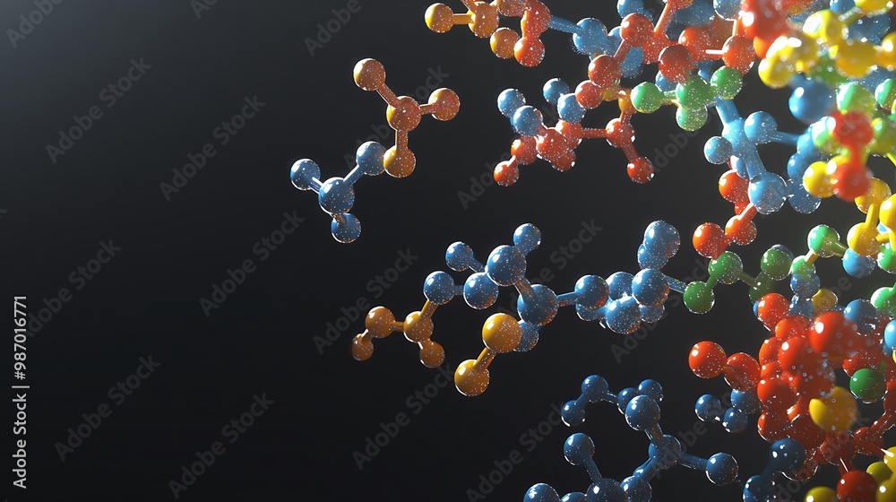 Poster a cluster of colorful molecular structures against a dark background.