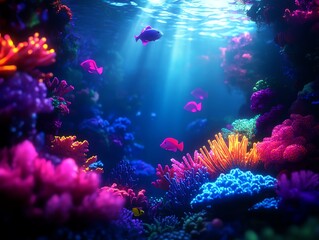 Obraz premium A surreal underwater scene with glowing, multicolored coral and neon fish, visualizing an imaginative ocean world
