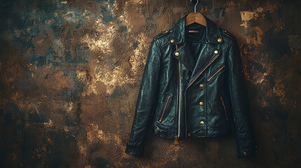 A stylish leather jacket hanging on a minimalist coat hook, with soft, warm light emphasizing its texture and rebellious edge, evoking bold fashion, adventure, and timeless style
