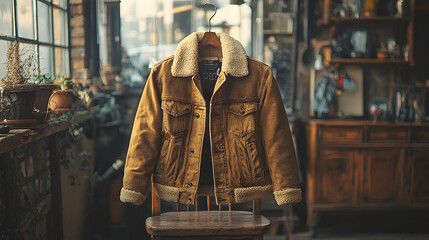 A chic bomber jacket displayed on a rustic wooden chair, with natural sunlight softly illuminating the fabric, evoking urban style, versatility, and modern fashion