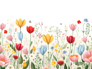 Incredible Floral embroidery. Seamless horizontal border with colorful flowers and leaves