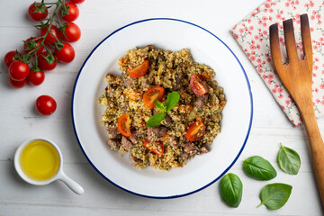 Couscous with beef and vegetables. Top view table with  decoration.