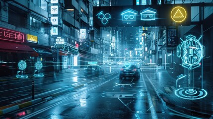 Fototapeta premium Futuristic City Lockdown with Holographic Outbreak Warnings, Drones Patrolling Empty Streets