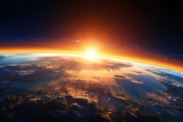 Fantastic Sunlight ascending over Earth in outer space