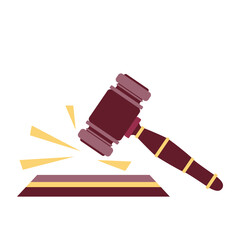 Hammer hits at auction in flat design. Legal decision for buying arts. Vector illustration isolated.