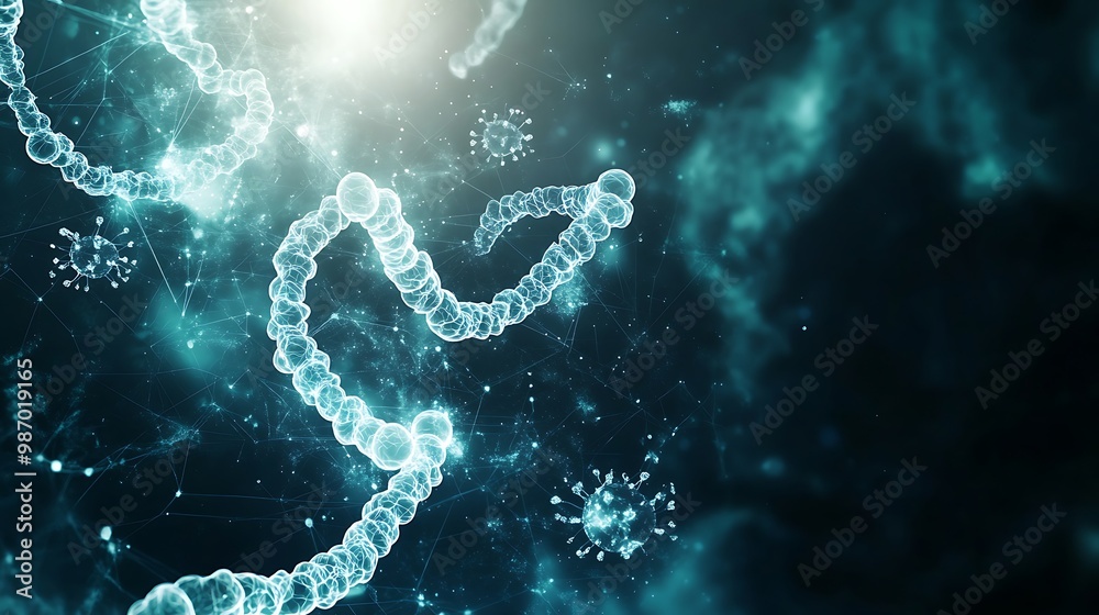 Poster abstract digital illustration of dna strands with a bright light source and virus particles in the b