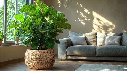 A large fiddle-leaf fig tree in a stylish woven basket, placed next to a modern sofa in a sunlit living room, evoking contemporary design, natural beauty, and urban jungle vibes