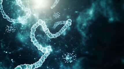 Abstract digital illustration of DNA strands with a bright light source and virus particles in the background.