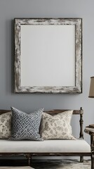 Mockup frame in a 3D rendered farmhouse living room interior featuring a distressed pine and linen frame a patterned accent pillow and a vintage table lamp