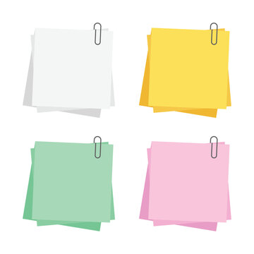 Paper note with clip set in flat style. Note paper pieces vector illustration on isolated background. Sheets of note papers sign business concept.