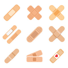 Adhesive medical plaster icons set in flat style. Bandage vector illustration on isolated background. Medical sticker sign business concept.