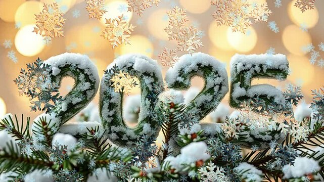 Volume 3D figure 2025 as symbol of New Year in snow viewing throw transparent closeup snowflake against bokeh festive golden lights. 