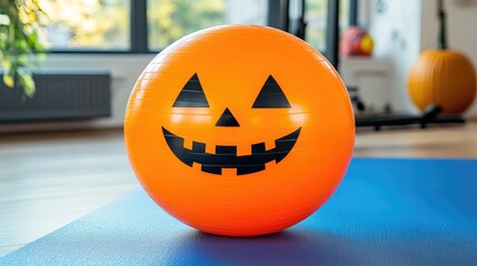 Halloween themed pilates ball in fitness studio, copy space