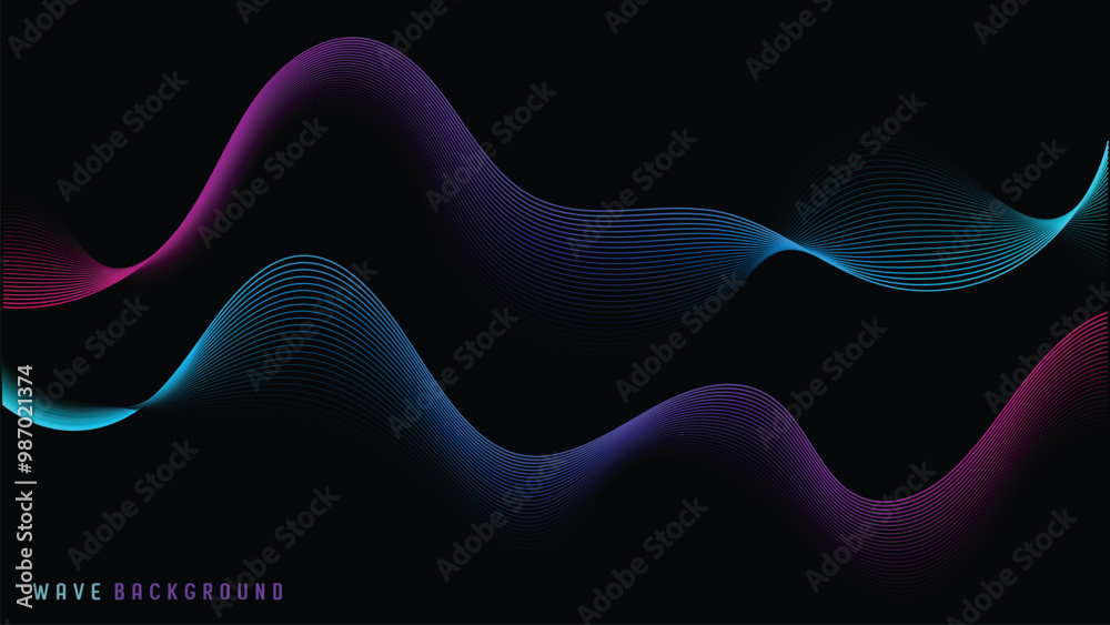 Poster vibrant wave background featuring smooth, flowing lines in shades of purple, blue, and pink against 