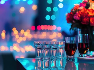 Business success celebration with vibrant lighting, sleek setup.