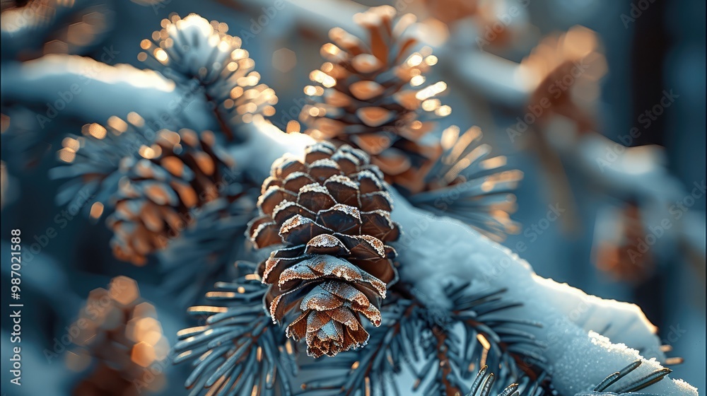 Poster a close up of a branch with pine cones.