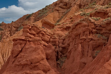 Northern Kyrgyzstan. The unusual texture of red-yellow clay rocks in the famous Skazka Canyon, off...
