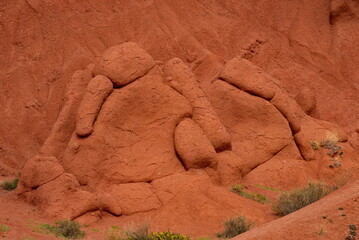 Northern Kyrgyzstan. The unusual texture of red-yellow clay rocks in the famous Skazka Canyon, off...