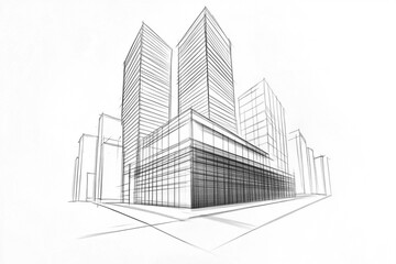 Fototapeta premium a drawing sketch of architecture, modern office building, perspective, simple lines, on white background.
