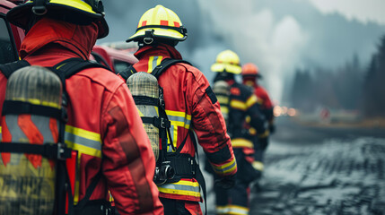 Naklejka premium Firefighters Training Together in Challenging Conditions