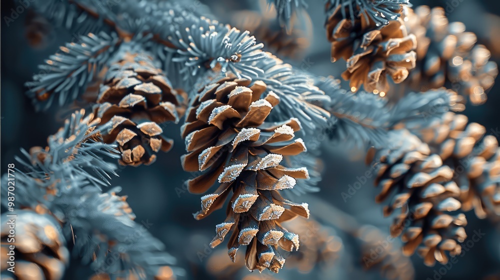 Poster A close up of a branch with pine cones.