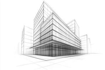 Fototapeta premium a drawing sketch of architecture, modern office building, perspective, on white background.